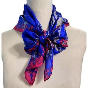 Vtg Silk Blend Cobalt Burgundy Abstract Floral Print Scarf Wrap Rolled Edge